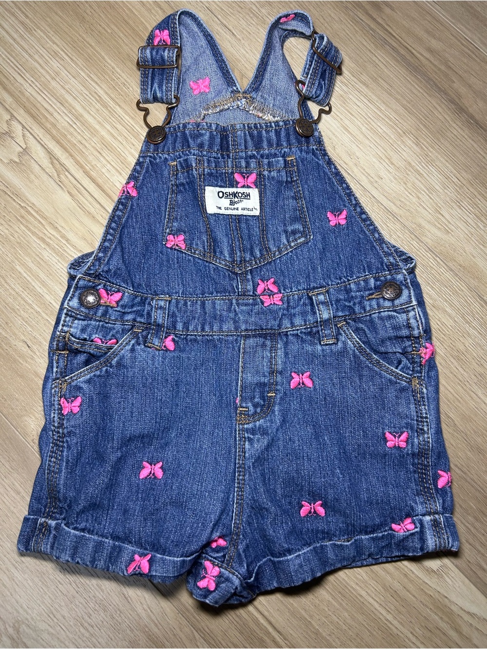 OshKosh B'gosh Denim Short Overalls with Pink Butterfly Accents